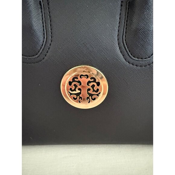 Chic Black Mini Satchel Purse Gold Medallion Faux Leather Handbag - Picture 9 of 9